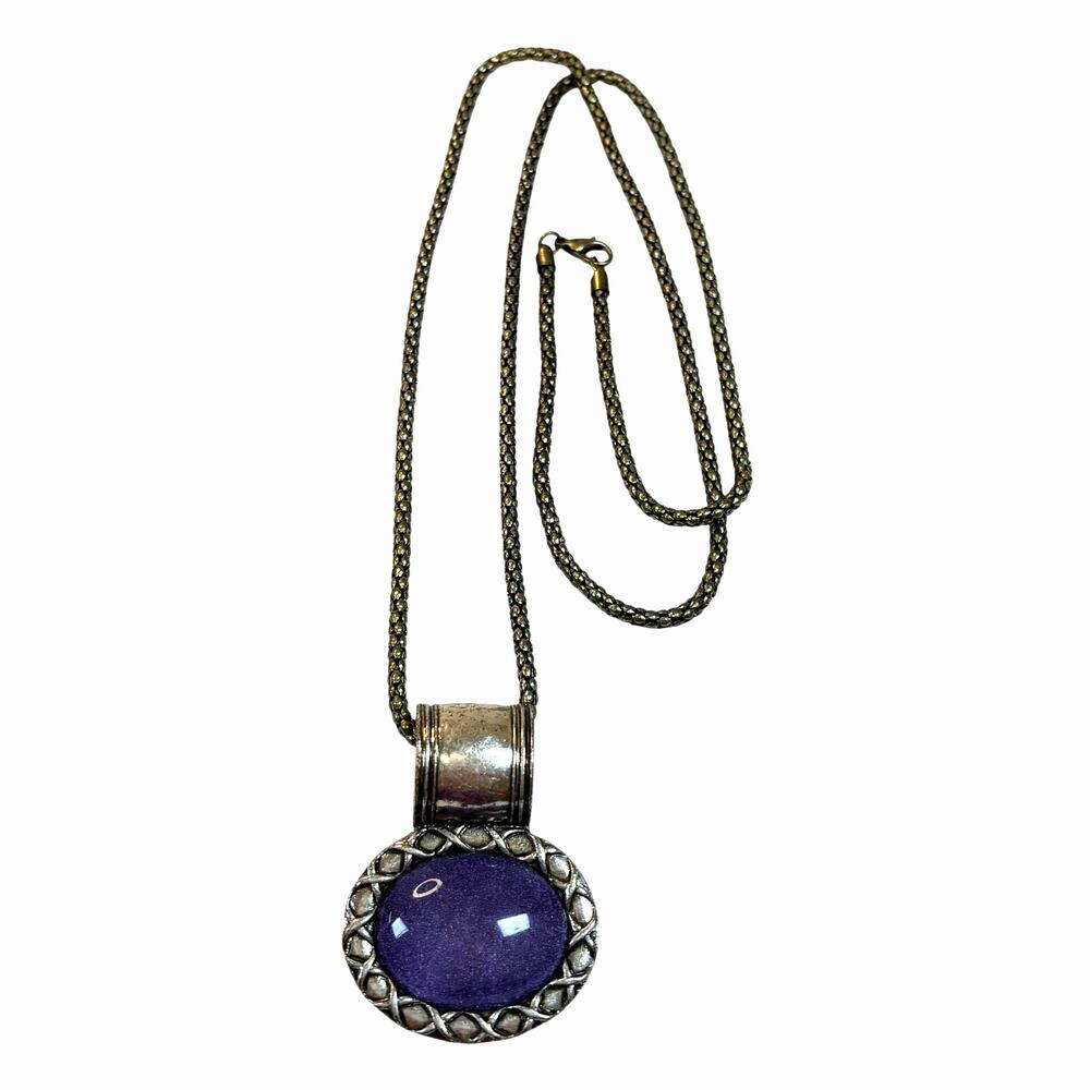 Purple Cabochon Pendant Necklace 30" Silver Tone Snake Chain Lobster Clasp